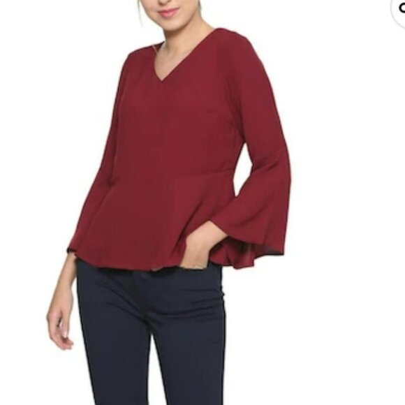 Allen Solly Burgundy Peplum flared sleeve v-neck blouse small - Picture 16 of 16